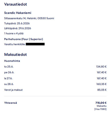 [ Tuska ] 4 Hengen hotellihuone Scandic Hakaniemi , Helsinki