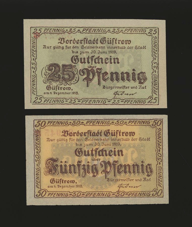 Saksa Notgeld 25, 50 Pfg, Güstrov 1918