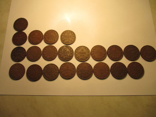 10 Penniä 1905-1917  22 kpl.