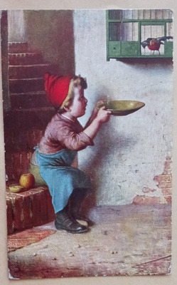 Lapsi laskee vettä astiaan, lintu häkissä, p. 1920-l.