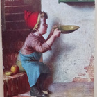Lapsi laskee vettä astiaan, lintu häkissä, p. 1920-l. - pikkukuva 1