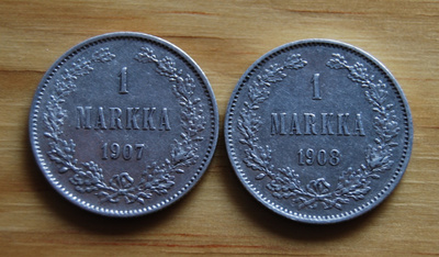 1 Markka 1907,1908 Hopeaa, Suomi