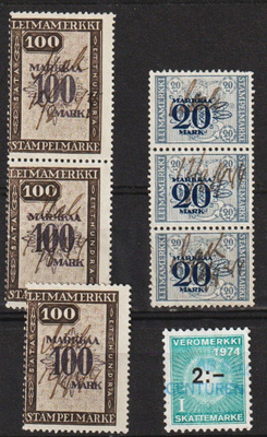 Muutama 20mk ja 100mk leima- ja 2mk veromerkki