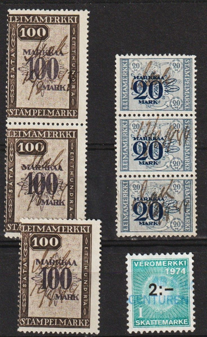 Muutama 20mk ja 100mk leima- ja 2mk veromerkki