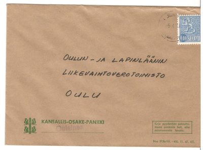 Oulainen,  v. 1968  firmakuori kotiseutukeräilijälle+sinetti