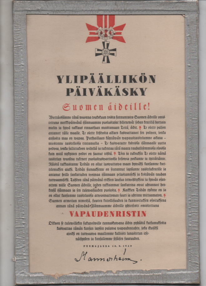 YLIPÄÄLLIKÖN PÄIVÄKÄSKY Suomen äideille 1942