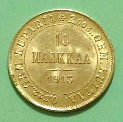 Suomi 10 mk 1913 kulta raha. (MA)