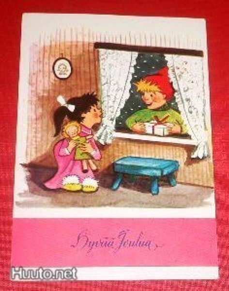 Tyttö ja nukke saavat tontulta lahjan   (K7)
