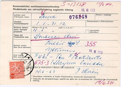 1963 20p pun.leijona lehden osoitteenmuutos 4.6.63
