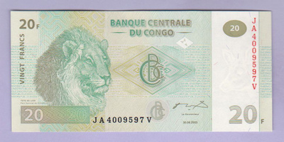 Kongo Congo DR 20 Francs v.2003 UNC P-94A