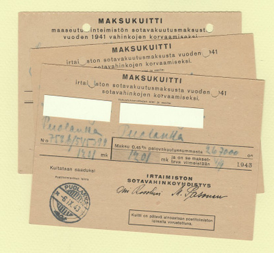 Sotavakuutusmaksujen maksukuitteja 1943