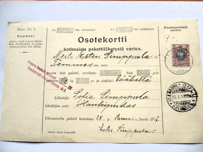 1917 Haukipudas sens osoitekortti Temmekseen