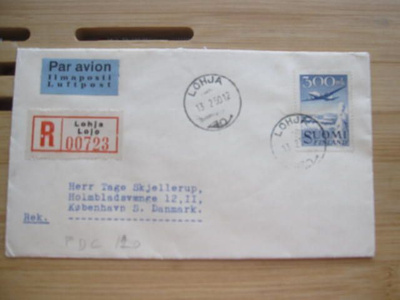 300 mk lentokone FDC-R-kuori vuodelta 1950 Tanskaan ilmapost
