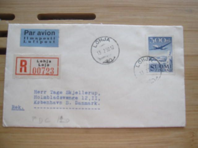 300 mk lentokone FDC-R-kuori vuodelta 1950 Tanskaan ilmapost
