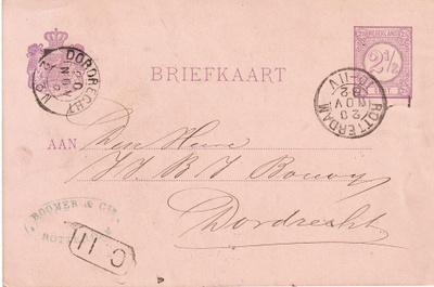 1882 Alankomaat 2½cent Ehökortti Rotterdam>Dordrecht