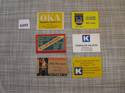 Tulitikkuetikettejä 6 kpl. Mm. OKA Kajaanin Kauppa Oy.