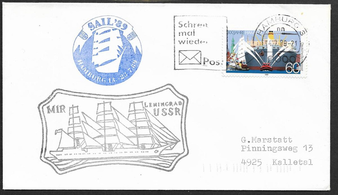 Postilähetys - BRD - Hamburg 1989 + laivaleima Mir