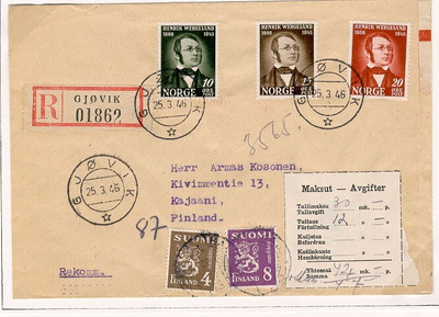 M30 1946 8mk viol.leijona ym tullausmaksuna kirje Norjasta