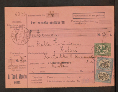 # 23570 # Pe.osoitus paketti Vaasa > Kolari - 1926