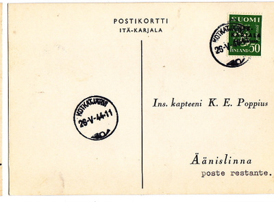 Postikortti Itä-Karjala Sot.Hallinto Kotkatjärvi Leima 1944