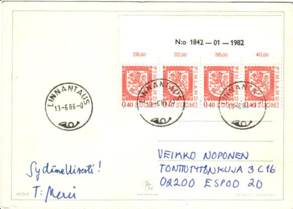 POSTILÄHETYS LINNANTAUS 0,40 NUMERO NELIRIVI