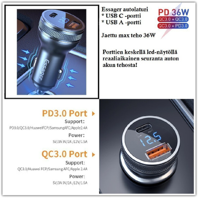 ESSAGER USB PD/QC-autolaturi - näytöllä akun jännite #30005