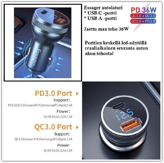 ESSAGER USB PD/QC-autolaturi - näytöllä akun jännite #30005