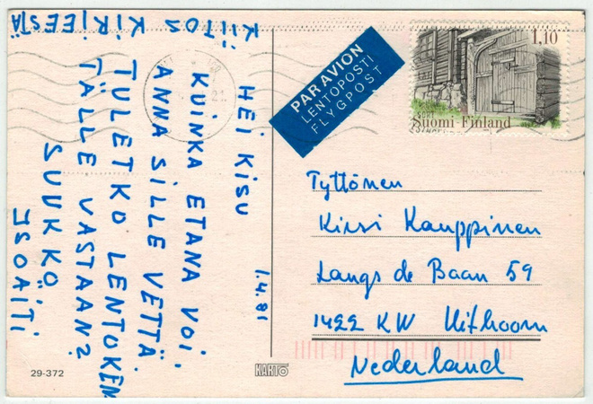 1979 pihan portti Kalvola postikortti Hollantiin
