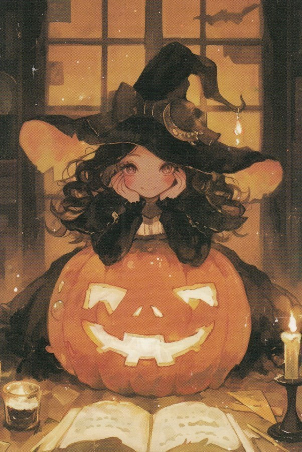Halloween noitatyttö, kurpitsa ja kirja