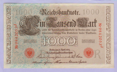Saksa 1000 Mark Reichsbanknote v.1910 AUNC P-44b