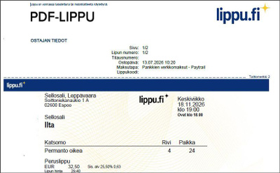 Kaksi lippua Iltan konserttiin 18.11.2026