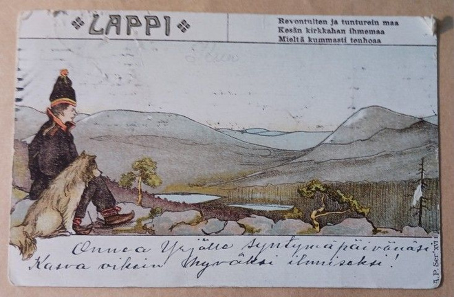 Lappi, lappilainen ja koira katsovat tunturiin, runo,p. 1907