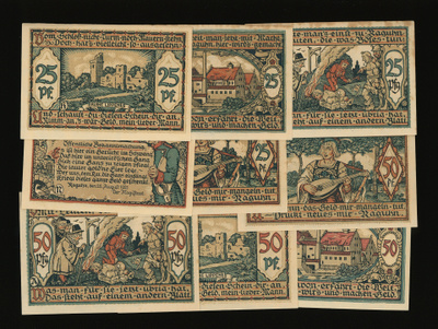 Saksa Notgeld 5 x 25, 4 x 50 Pfg, Raguhn 1921