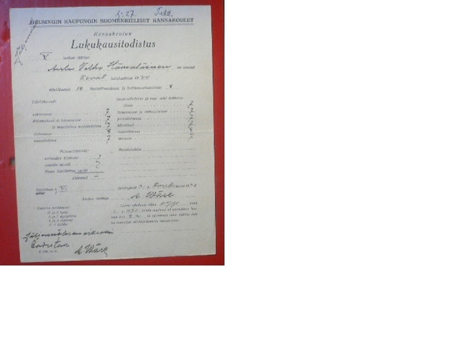 Kansakoulunlukukausitodistus 1930