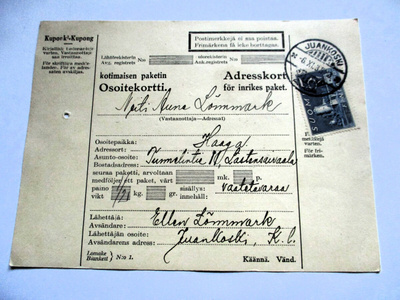 1935 Juankoski osoitekortti Haagaan Huopalahti tulol