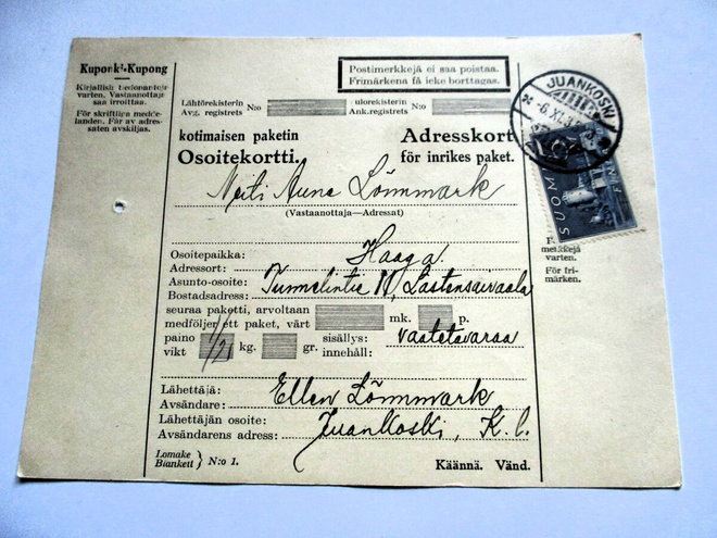 1935 Juankoski osoitekortti Haagaan Huopalahti tulol