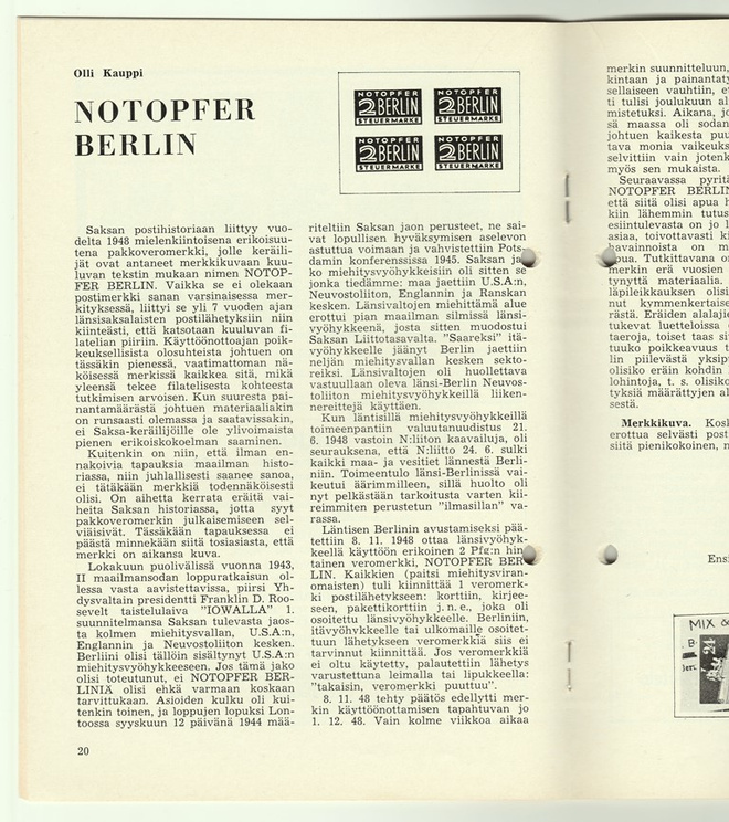 Lehtiartikkeli Notopfer Berlin -merkistä