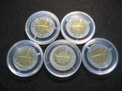 5 kpl 10 mk 1995 EU-juhlaraha - kapseleissa
