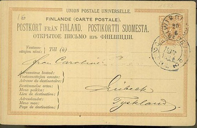 1881 10p ehiökortti Viipurista Saksaan