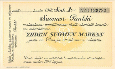 Suomen Pankki 1 Markka 1918 Shekki UNC
