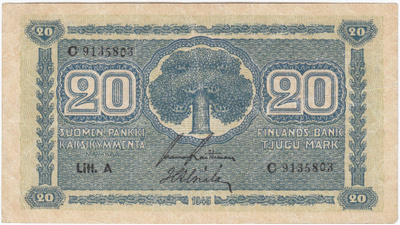 20 Markkaa 1945 Litt.A C-sarjaa, kl.4