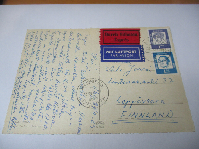 1963 Saksa pikalentopostikortti Espooseen