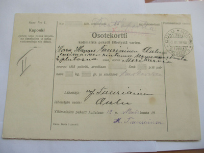 1918 Oulu kenttäpostipakettikortti Satakunnan rintamalle