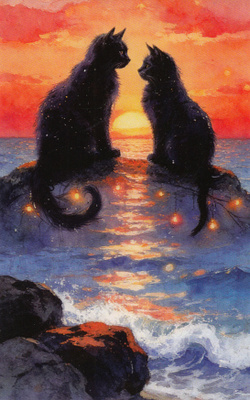 Kissat ja auringonlasku meren rannalla