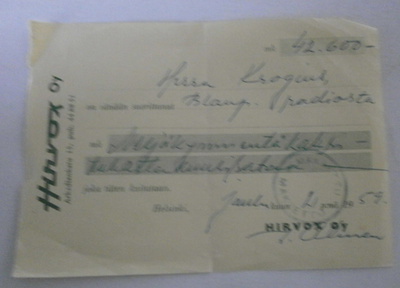 Helsinki, Hirvox-myymälän kuitti Blaupunkt-radiosta 1959