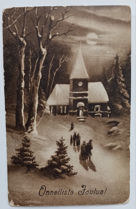 Väkeä menossa Joulukirkkoon jouluaamuna, mv pk, p. 1914