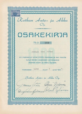 OKK 1947 Kotkan Auto- ja Akku Oy, Kotka osakekirja