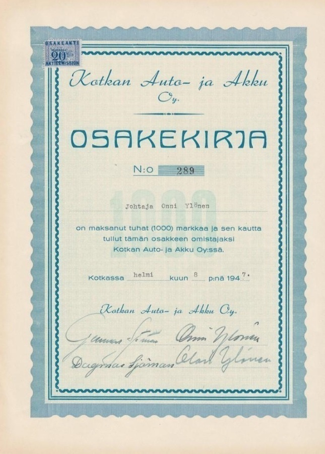 OKK 1947 Kotkan Auto- ja Akku Oy, Kotka osakekirja