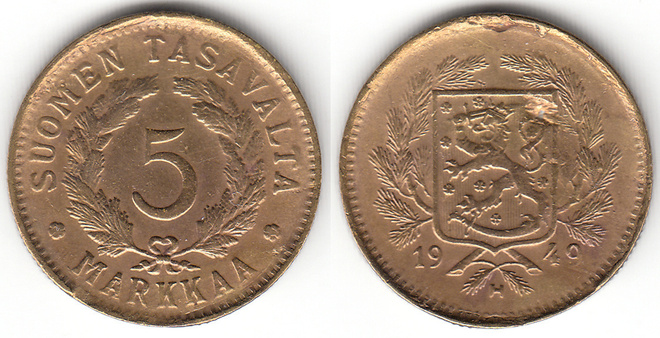 5 mk 1949 leveä H, epätasahavu, puhd.