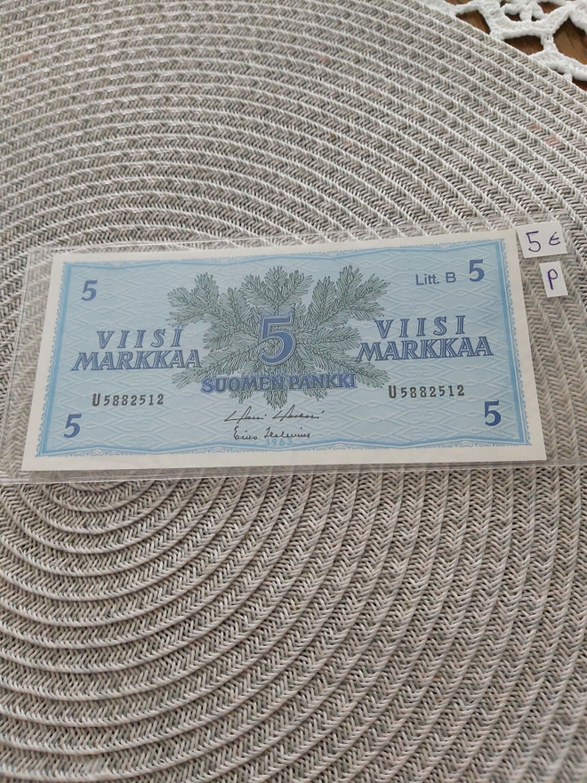 Pakka sileä 5mk Litt.B seteli 1963
